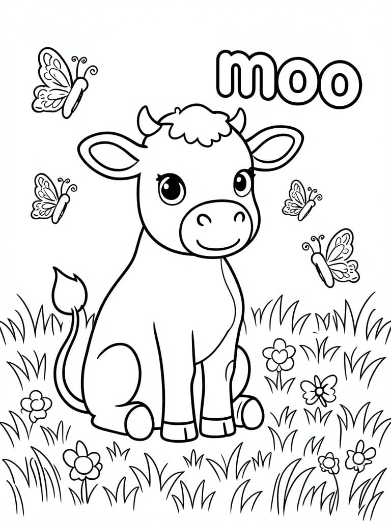 A black and white line drawing of a cartoon cow sitting in grass with butterflies, flowers, and the word moo above it.