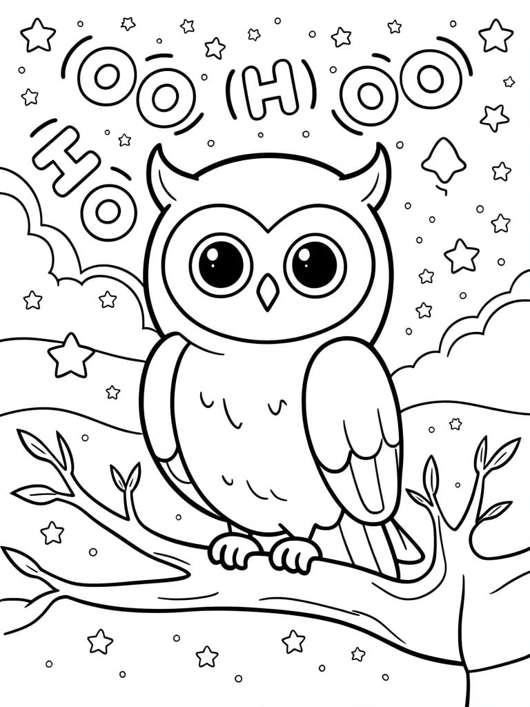 A black and white coloring page shows a cartoon owl perched on a branch with stars scattered around and the words HOO HOO printed above the owl.