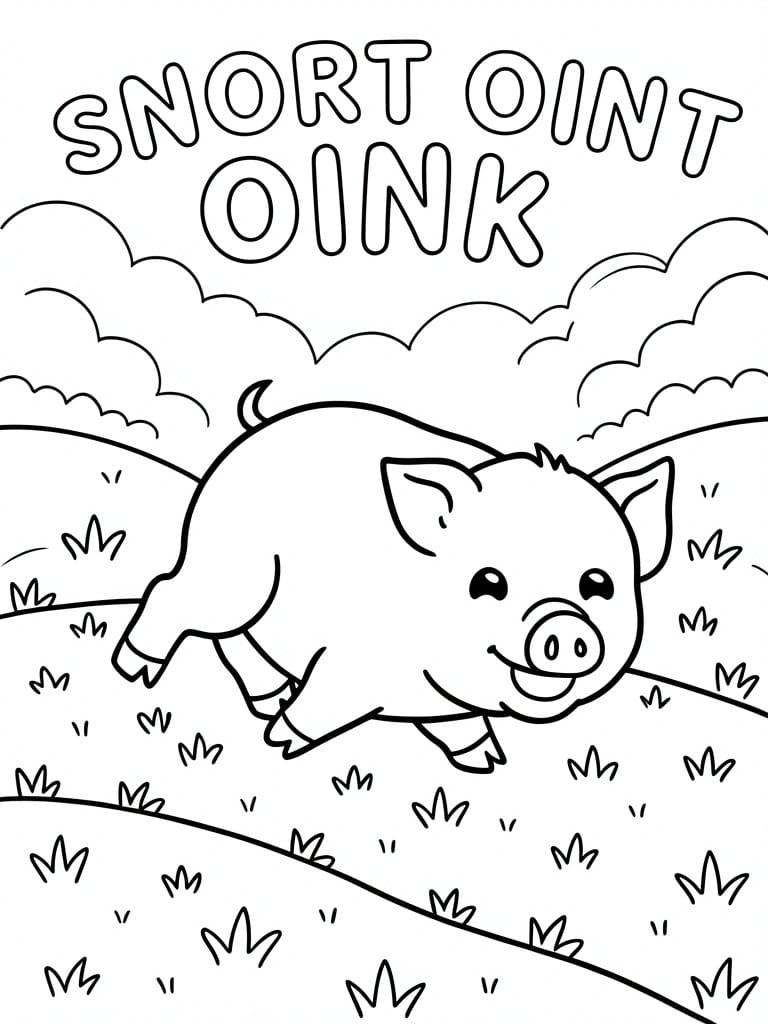 A black and white line drawing of a pig running through grass with clouds overhead and the words SNORT OINT OINK at the top.