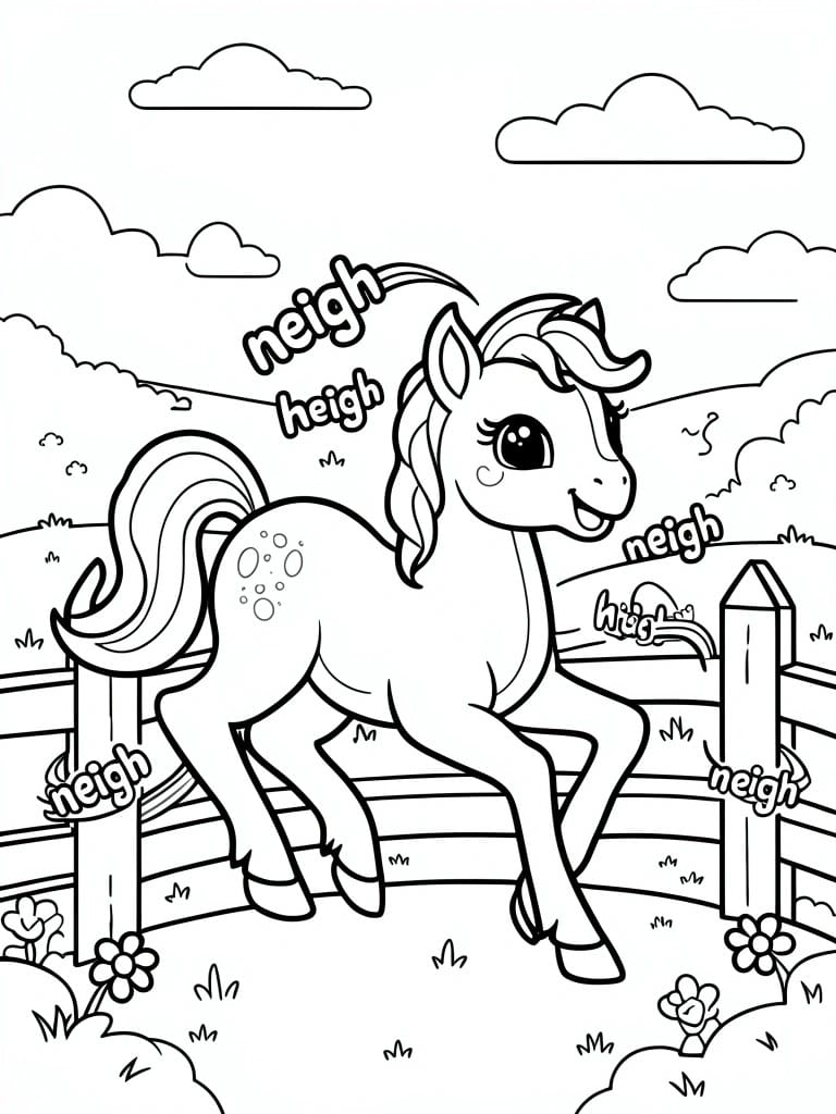 A black and white line drawing of a cute pony standing by a fence in a field with flowers, clouds, and the words neigh and high placed around it.