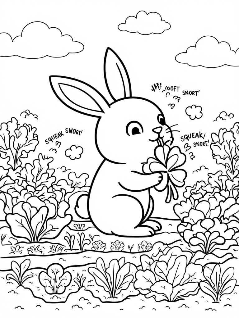 Black-and-white cartoon rabbit holding four-leaf clover in vegetable garden with sound effects
