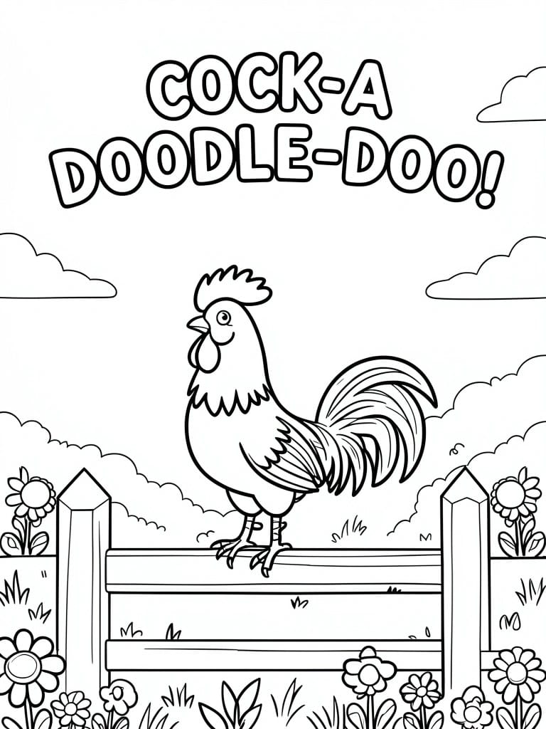 Coloring page of rooster on fence with flowers, clouds, and cock-a-doodle-doo text