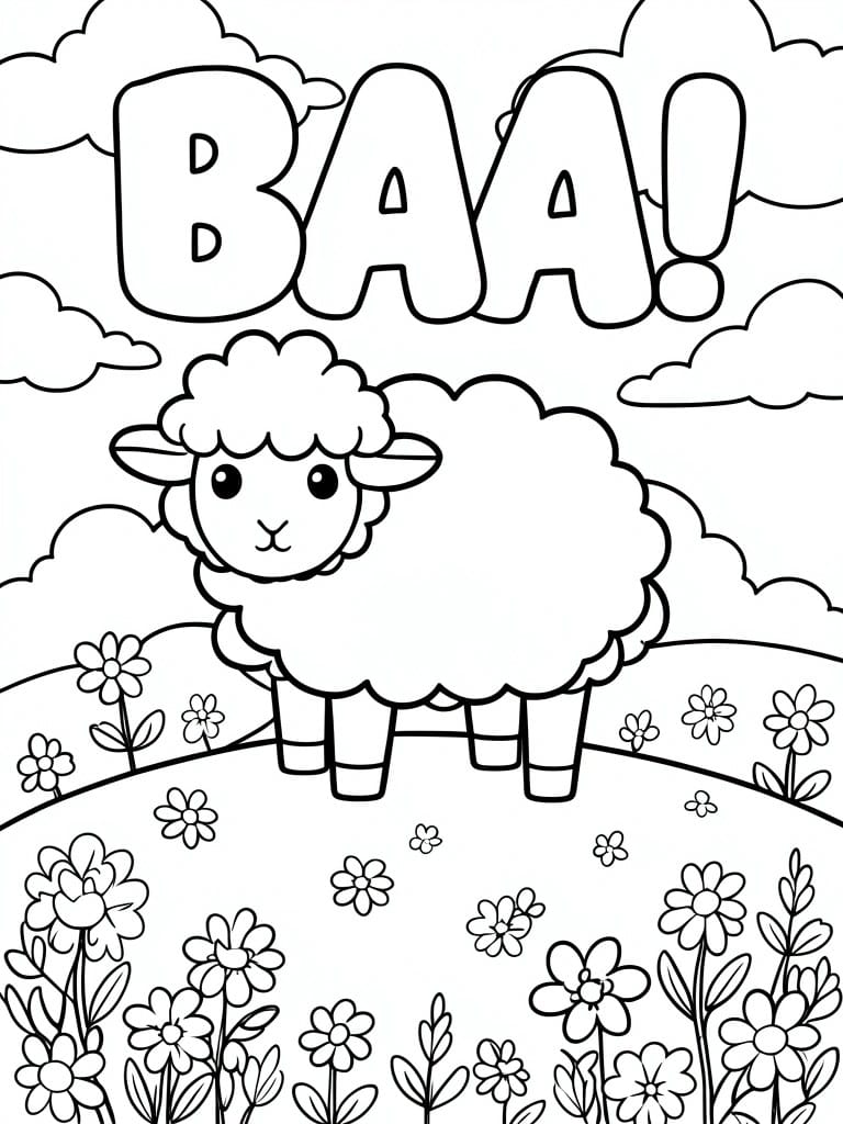 Coloring page of fluffy sheep in flower field under large BAA letters and clouds.