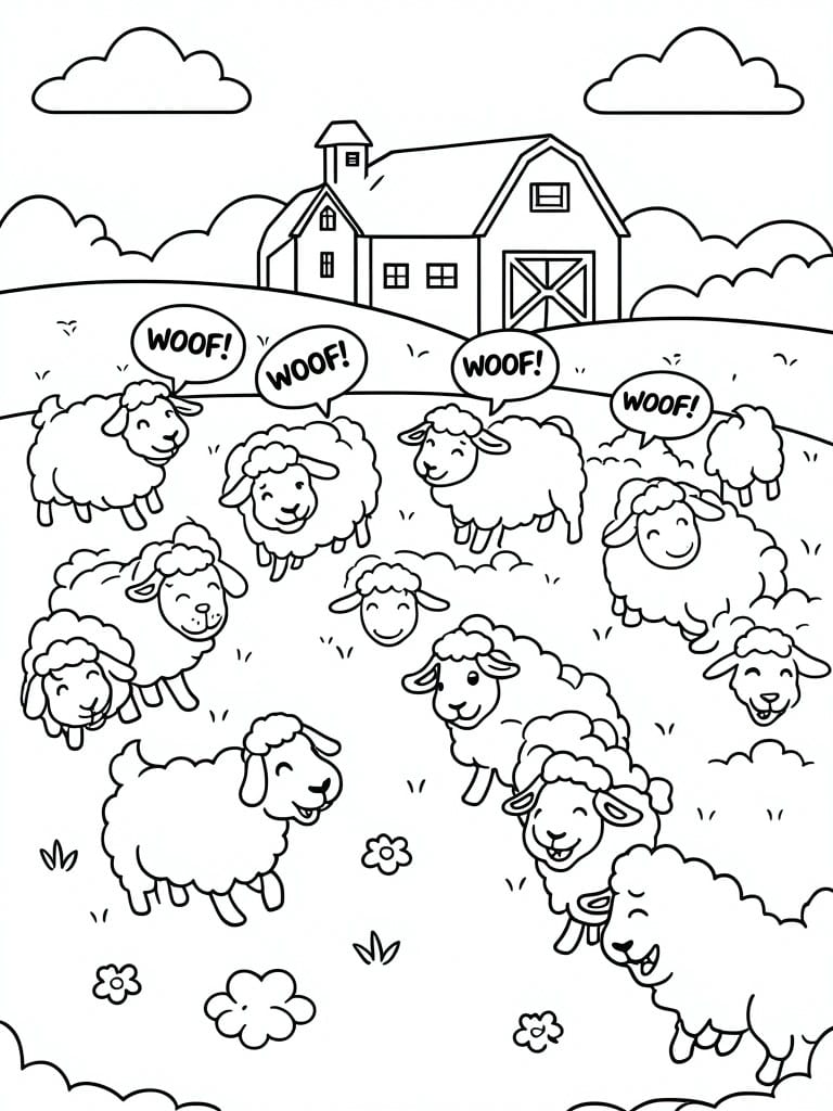 Coloring page of cartoon sheep in farm field with barn, speech bubbles say woof.