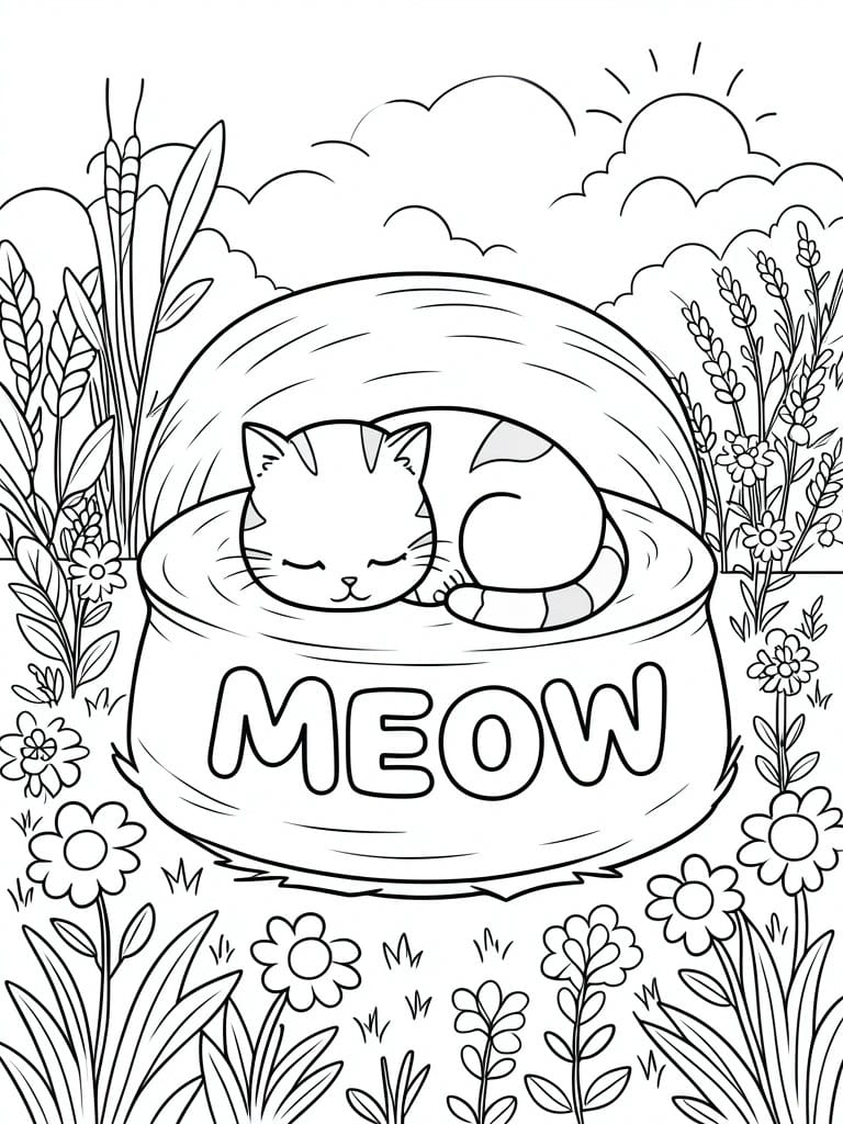 A black and white line drawing shows a sleeping cat inside a bowl labeled MEOW, surrounded by flowers, plants, and a sun.