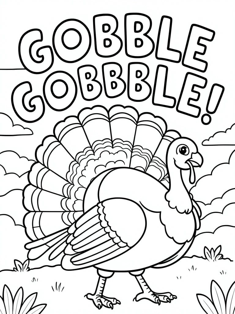 A black and white coloring page shows a turkey with spread tail feathers in a field with clouds and plants, plus the words GOBBLE GOBBLE GOBBLE in large outlined letters above it.