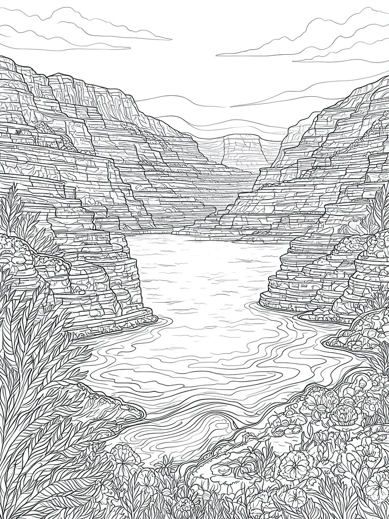 A black and white line drawing of a canyon with layered cliffs surrounding a winding river and some foreground plants.