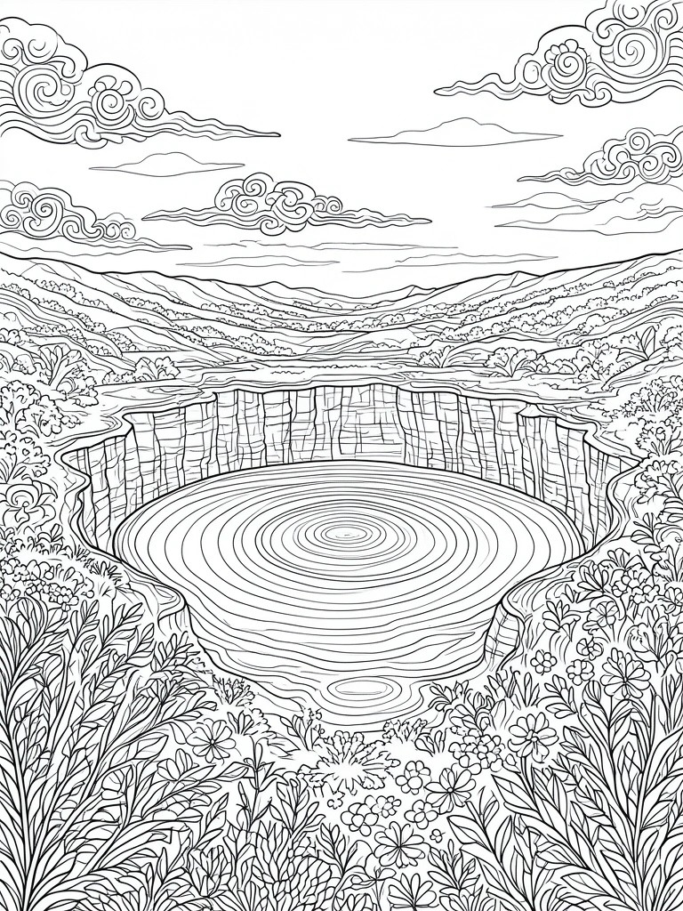 A black and white line drawing of a landscape with a large circular crater containing concentric rings, surrounded by cliffs, foliage, mountains, and clouds.