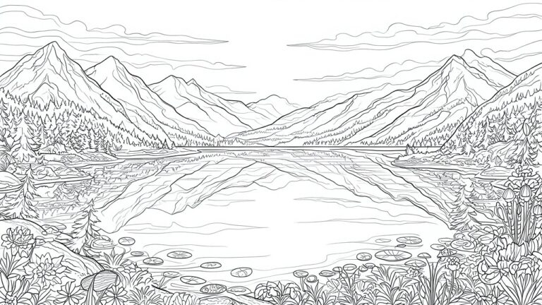 21 Tranquil Landscape Coloring Pages Built Around Mountains, Lakes, and Open Skies Coloring page line art of mountains reflected in a lake with lily pads and flowers.