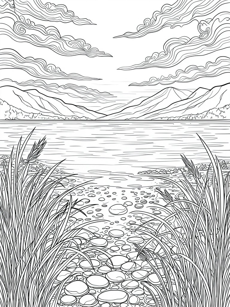 Line drawing of a rocky lakeshore with reeds and distant mountains under clouds.