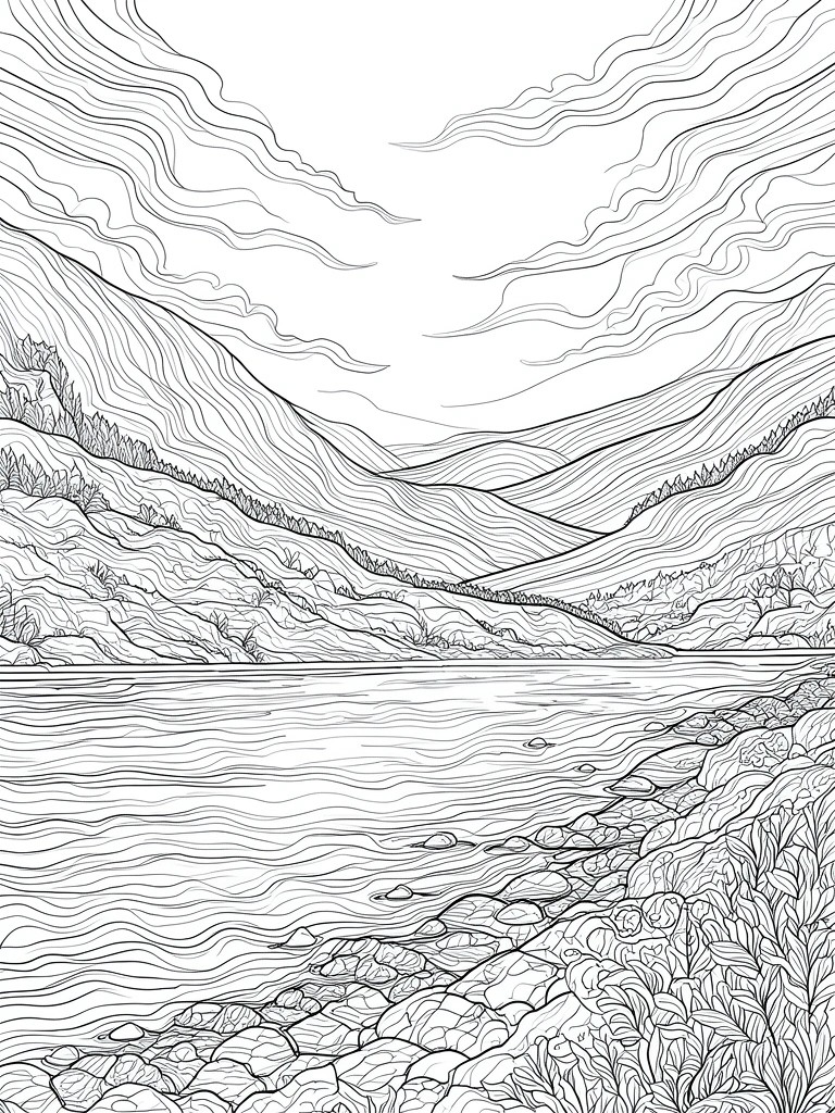 Black and white line drawing of a lake with rocky shore, layered mountains with trees, and wavy clouds overhead.
