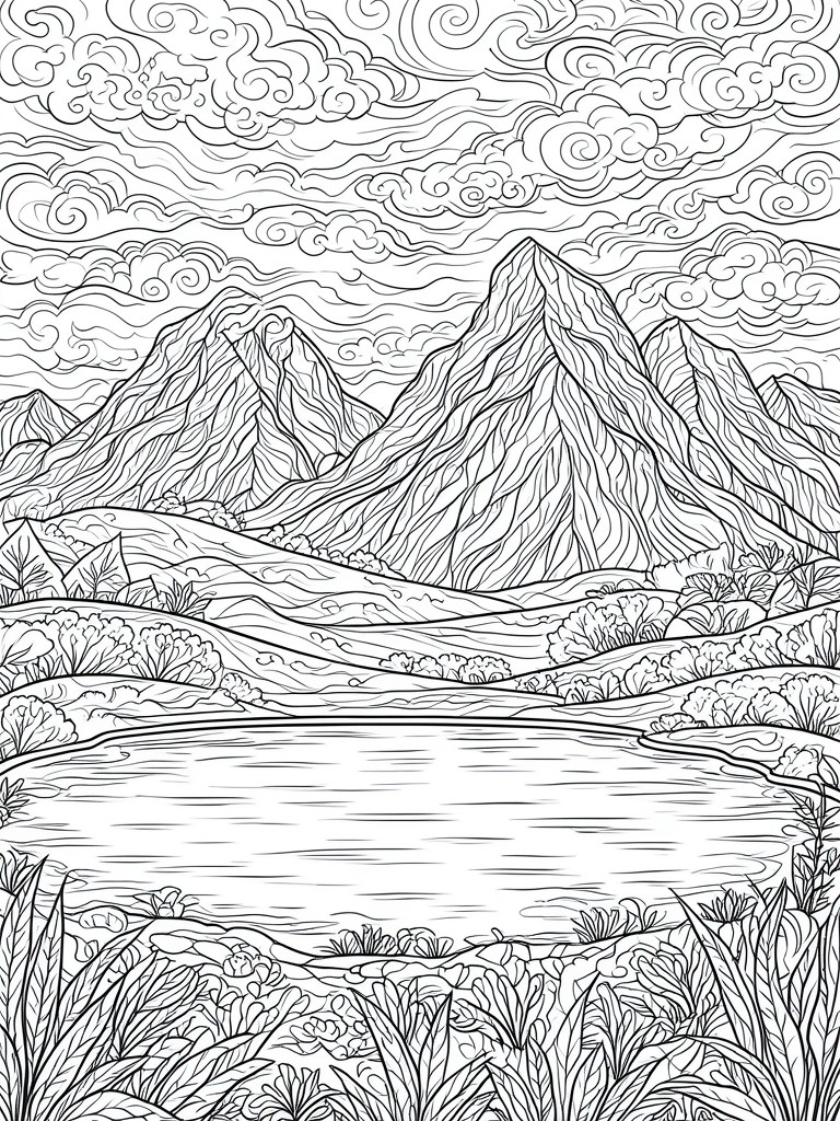 Detailed line art of mountains overlooking a lake under swirling clouds