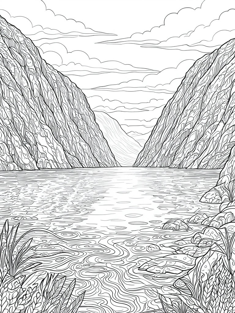 Black and white line drawing of a lake between two steep mountains with clouds in the sky and plants near the shore.