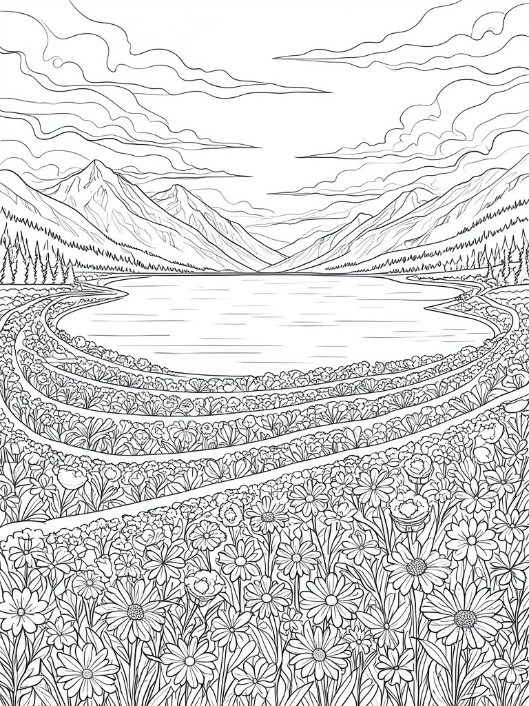 Coloring page line art of mountains, lake, and blooming wildflower field