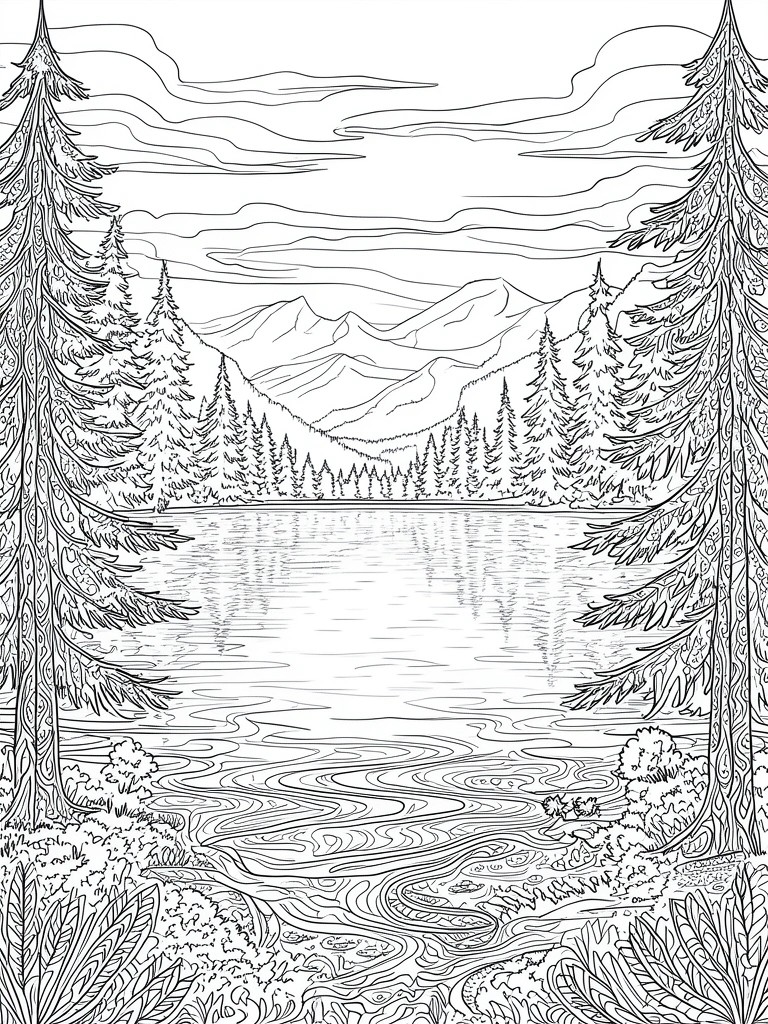 Black and white line drawing of a lake with mountains in the background, tall pine trees on both sides, and a winding stream in the foreground.
