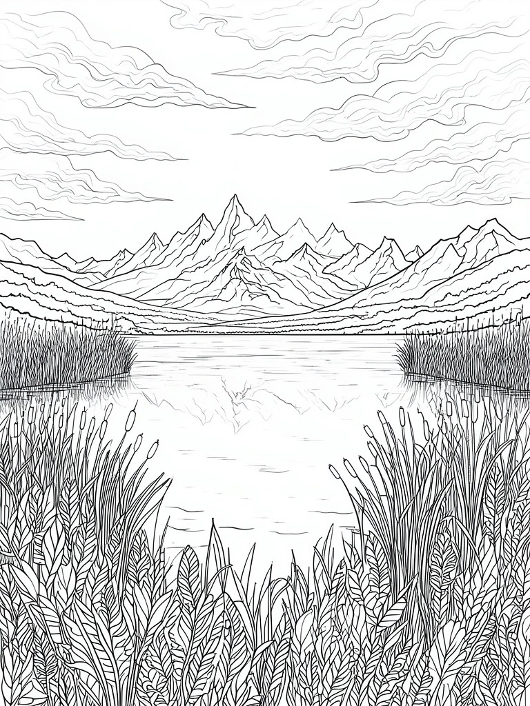 Black and white line drawing of a lake reflecting mountains with reeds in the foreground and clouds overhead.