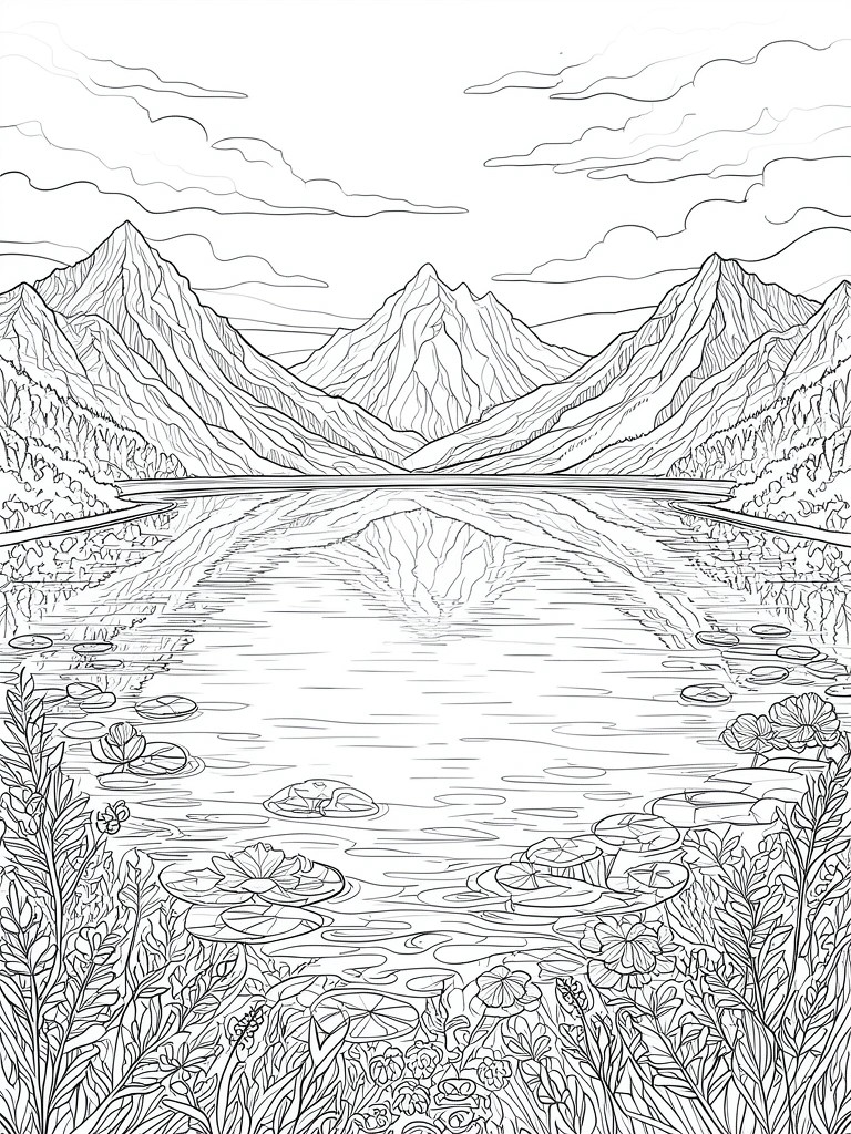 Coloring page line art of mountains reflected in a lake with lily pads and flowers.