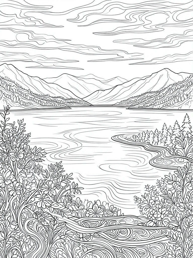 Coloring page line art of mountains overlooking a lake with floral foreground.