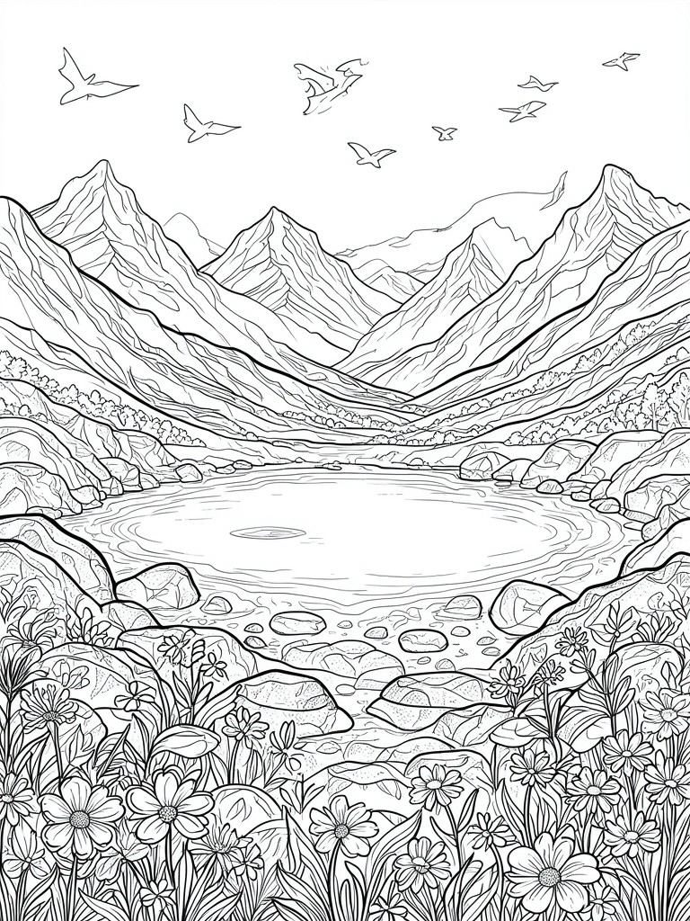 Black and white line drawing of a lake between mountains with rocks along the shore and wildflowers in the foreground plus birds in the sky.