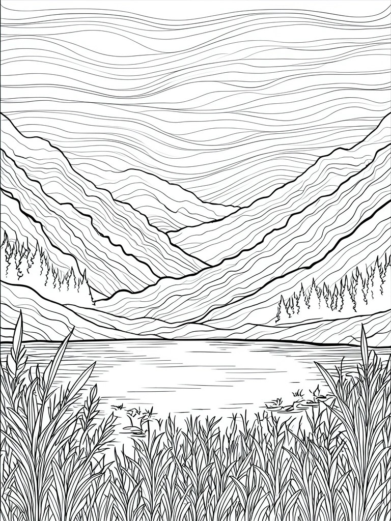 Black and white line drawing of mountains with horizontal line patterns, a lake in the middle ground, and tall reeds along the shore.