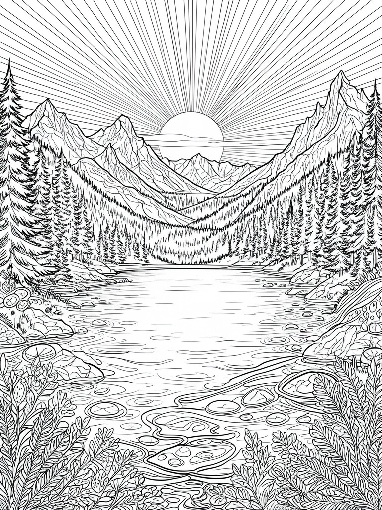 Black and white line drawing of a lake in front of mountains with a sun and rays above the peaks and trees along the shores.