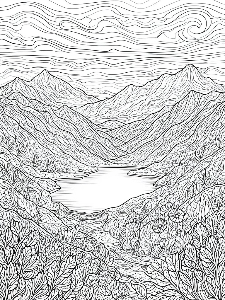 Black and white line drawing of a mountain landscape with a central lake, layered peaks, foreground foliage, and swirling clouds.