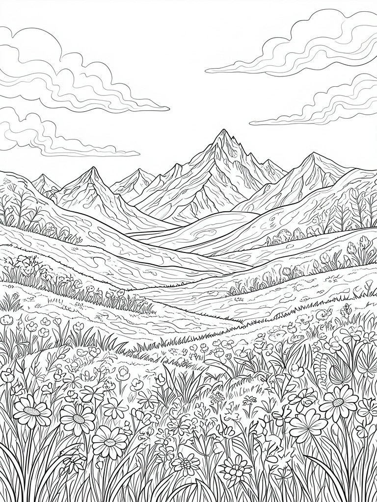 Line drawing of mountain landscape with rolling hills, trees, and flower-filled foreground.