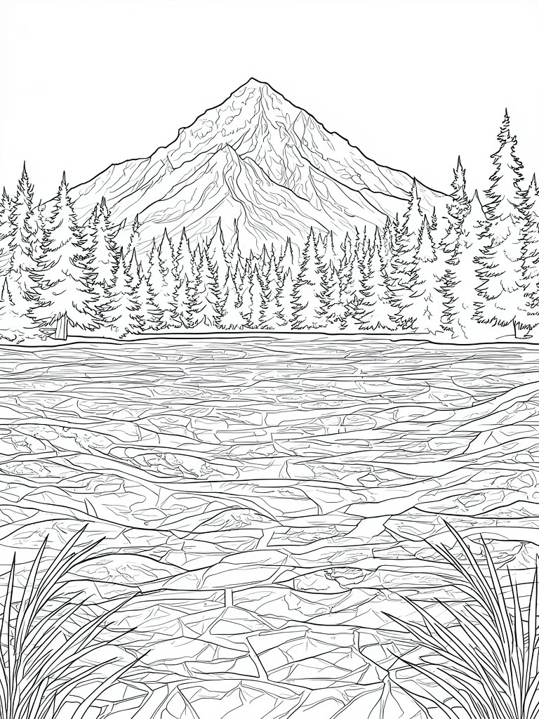Line drawing of mountain peak, pine forest, rippled river, and foreground grass