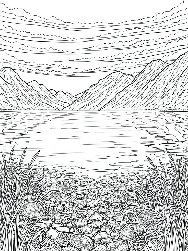 Line art of mountains across a calm lake from a pebbled shore with reeds