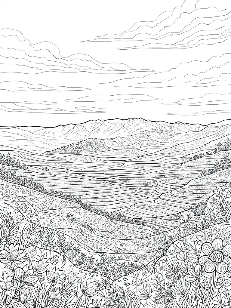 A black and white line drawing of layered mountain terraces with flowers and plants in the foreground under a cloudy sky.