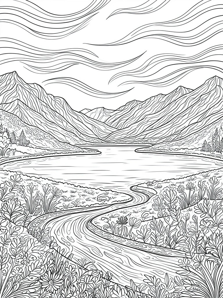 Line drawing of winding river through mountains with foreground wildflowers and clouds