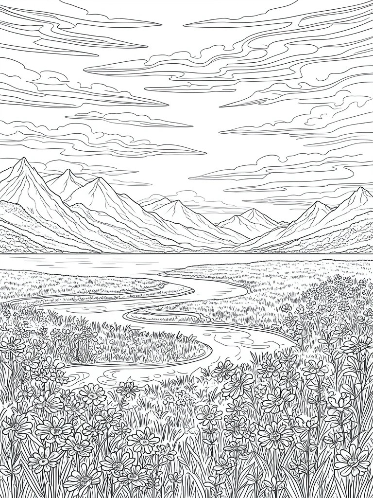Line drawing of mountains, winding river, and wildflower meadows under clouds.