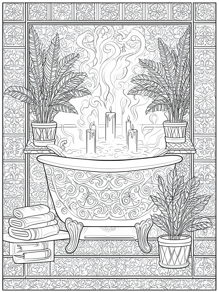 Coloring page of ornate bathtub with candles, steam, and potted plants on tiled walls.