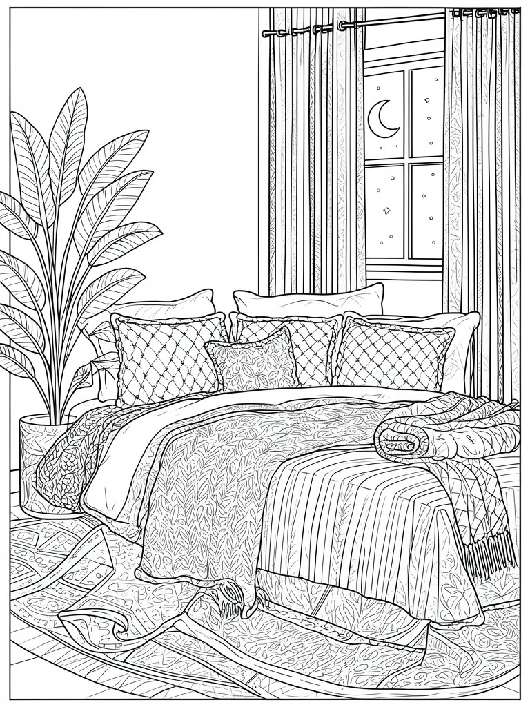 Line drawing of cozy bedroom with patterned bed, plant, and moonlit window.
