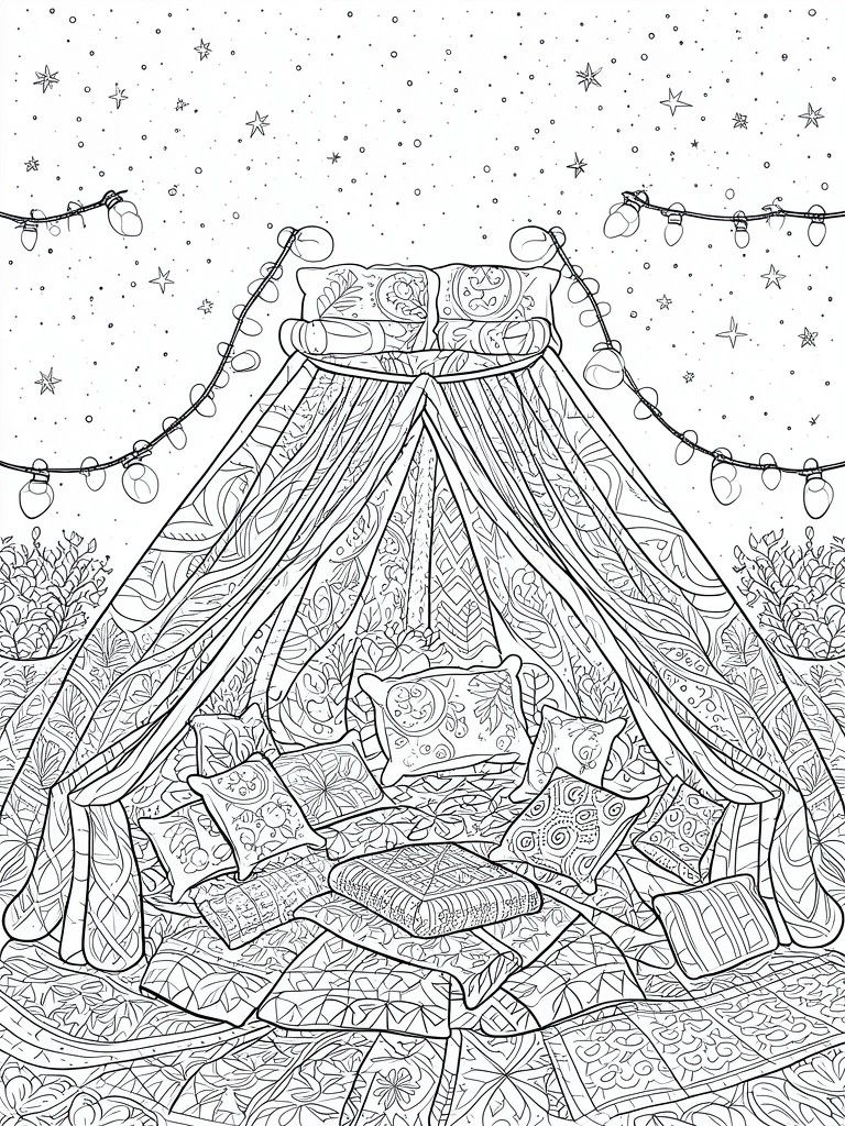 A black and white line drawing of a tent canopy filled with patterned pillows and blankets under a starry sky with string lights.