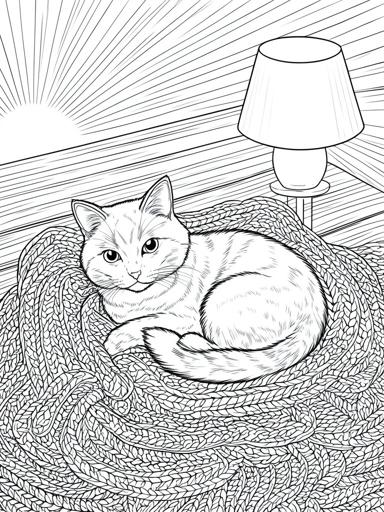 A black and white line drawing of a cat curled on a knitted blanket beside a lamp with window light rays in the background.