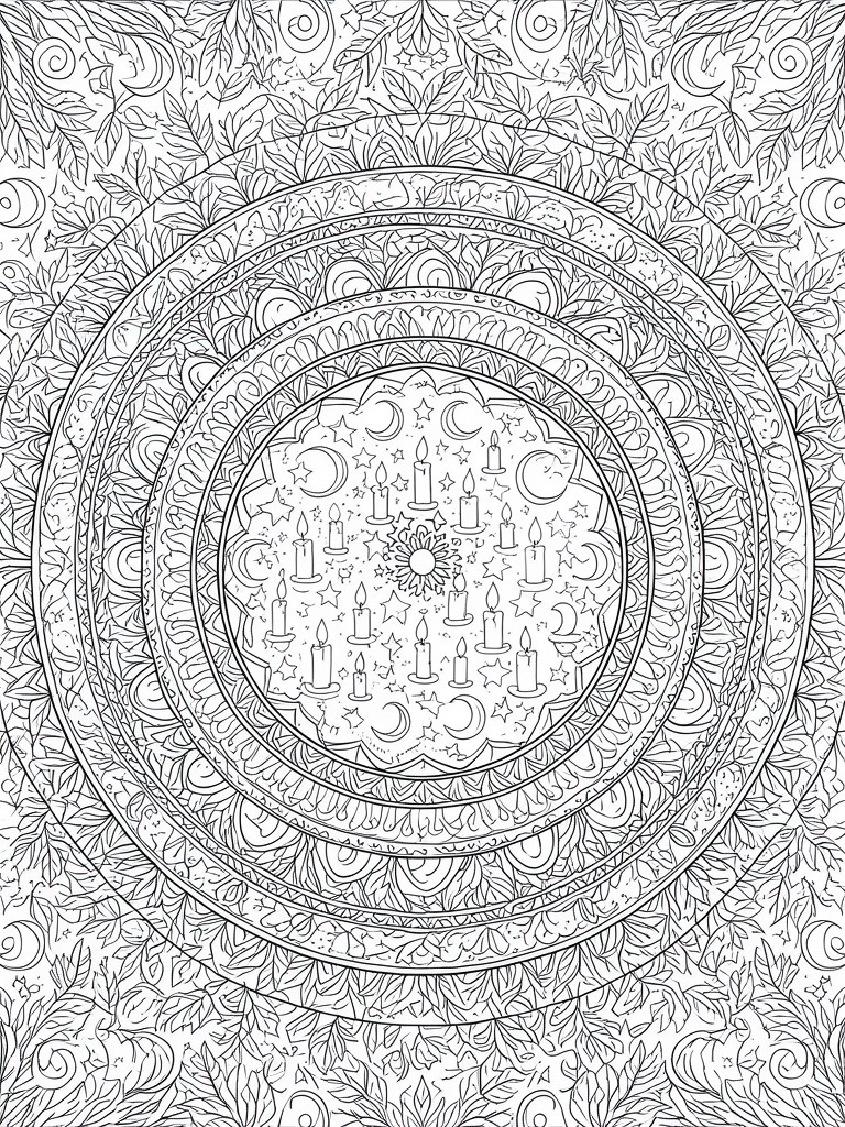 A black and white mandala coloring page with candles, moons, stars, and a sun in the center, surrounded by circular borders and leafy outer patterns.