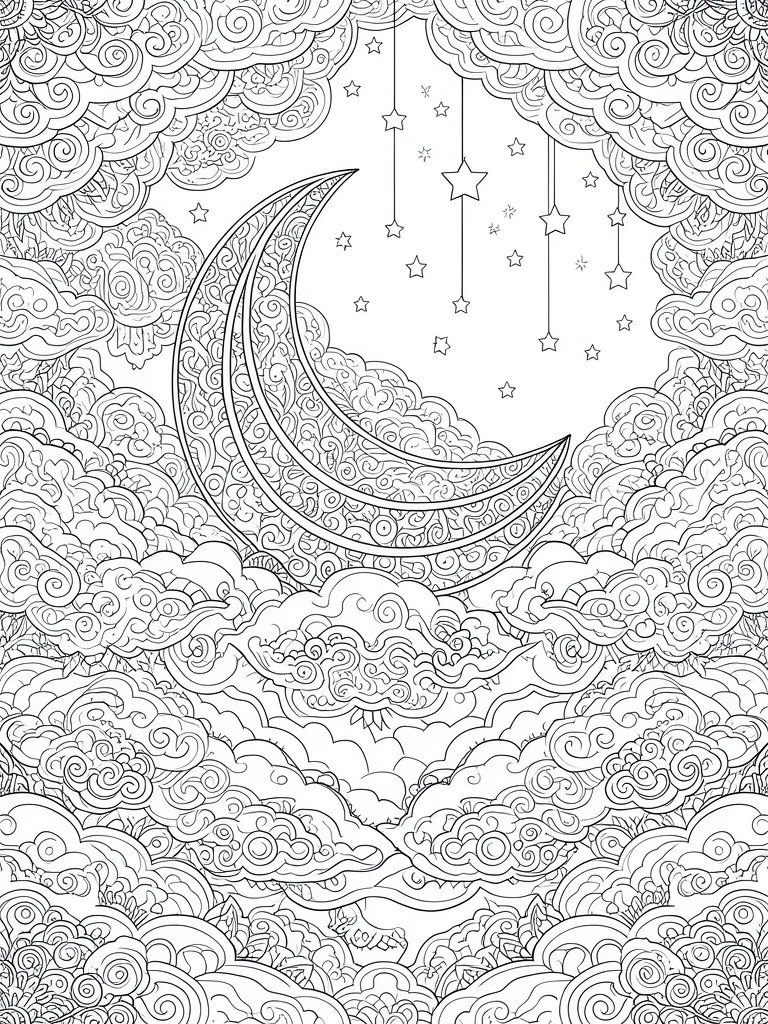 Intricate coloring page of crescent moon amid swirling clouds and dangling stars