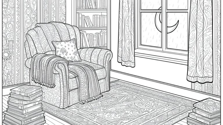 A black and white line drawing of an armchair covered by a patterned blanket, with book stacks on the floor and shelves, a floral rug, and a window showing rain and a crescent moon.