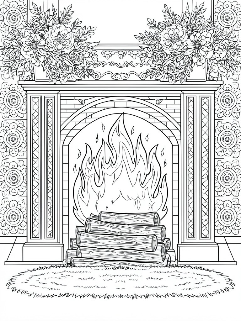 Ornate fireplace with burning logs, floral garlands, and decorative patterns