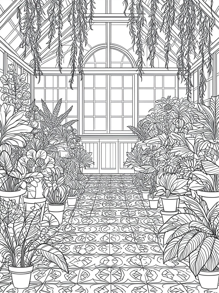 A black and white line drawing of a greenhouse interior with potted plants, hanging vines, large windows, and a patterned tile floor.