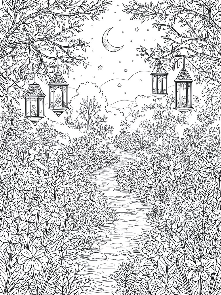 Black and white line art of lantern-lit garden path under crescent moon and stars.