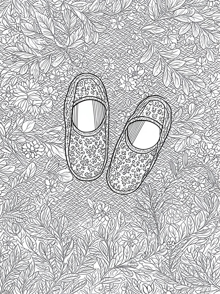 A coloring page shows two leopard-print slippers centered on a background filled with leaves, flowers, and a woven pattern.