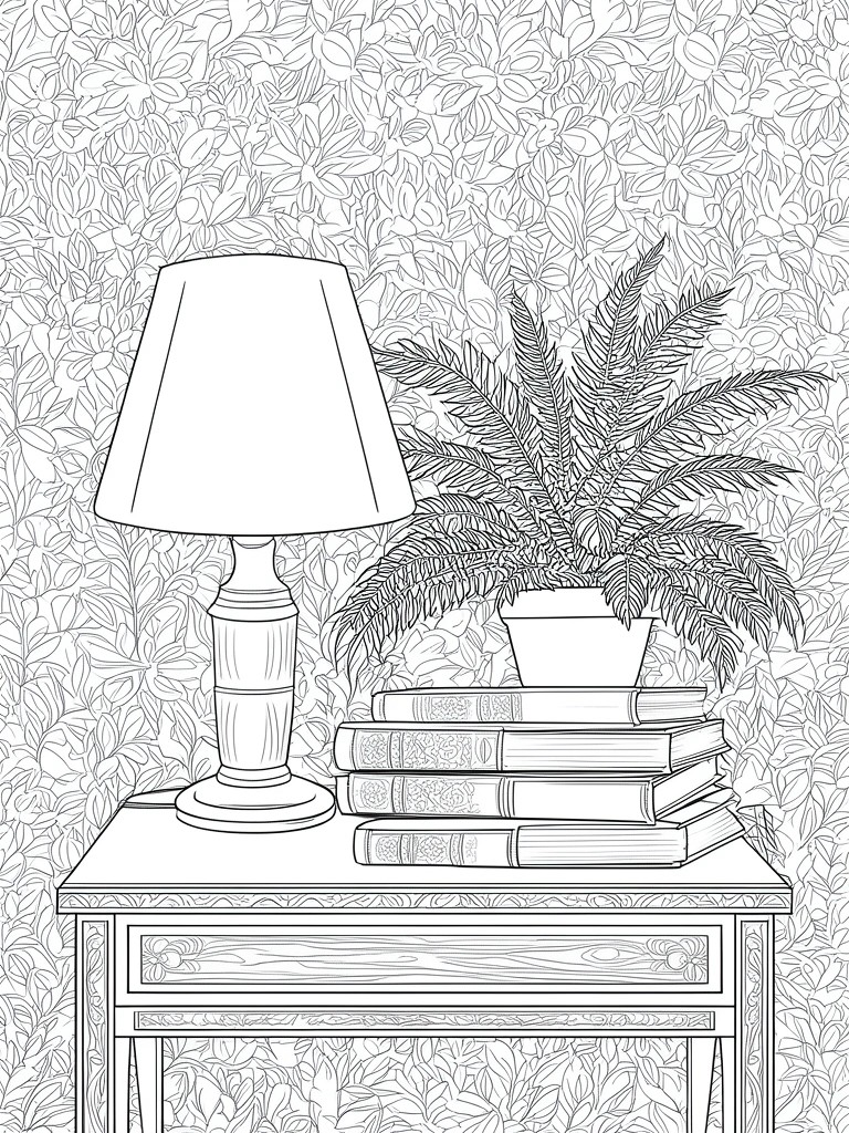 Line art of lamp, stacked books, and potted fern on table with floral wallpaper.