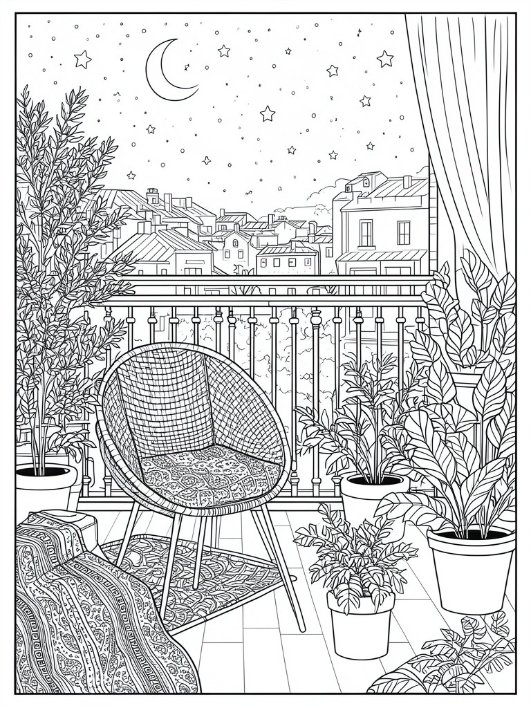 Coloring page of nighttime balcony with wicker chair, potted plants, moon, and stars.