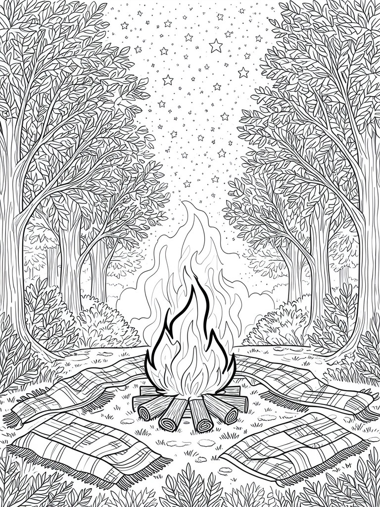 Black and white line drawing of campfire with blankets in starry forest clearing.