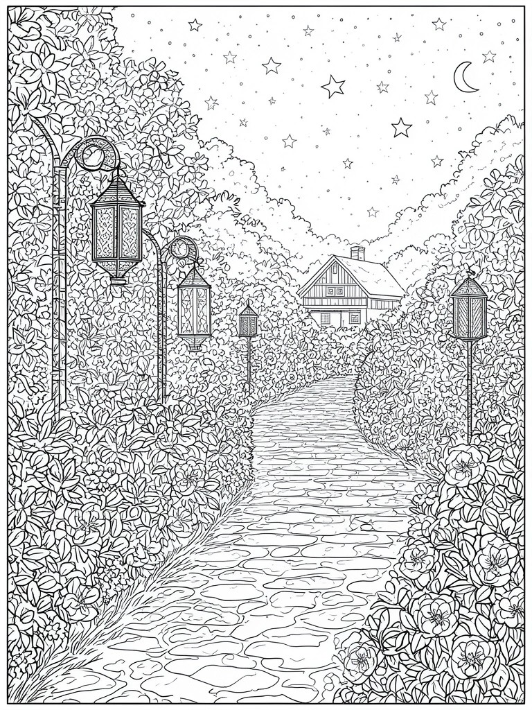 Starry night garden path lined with lanterns leads to a house amid blooming bushes.