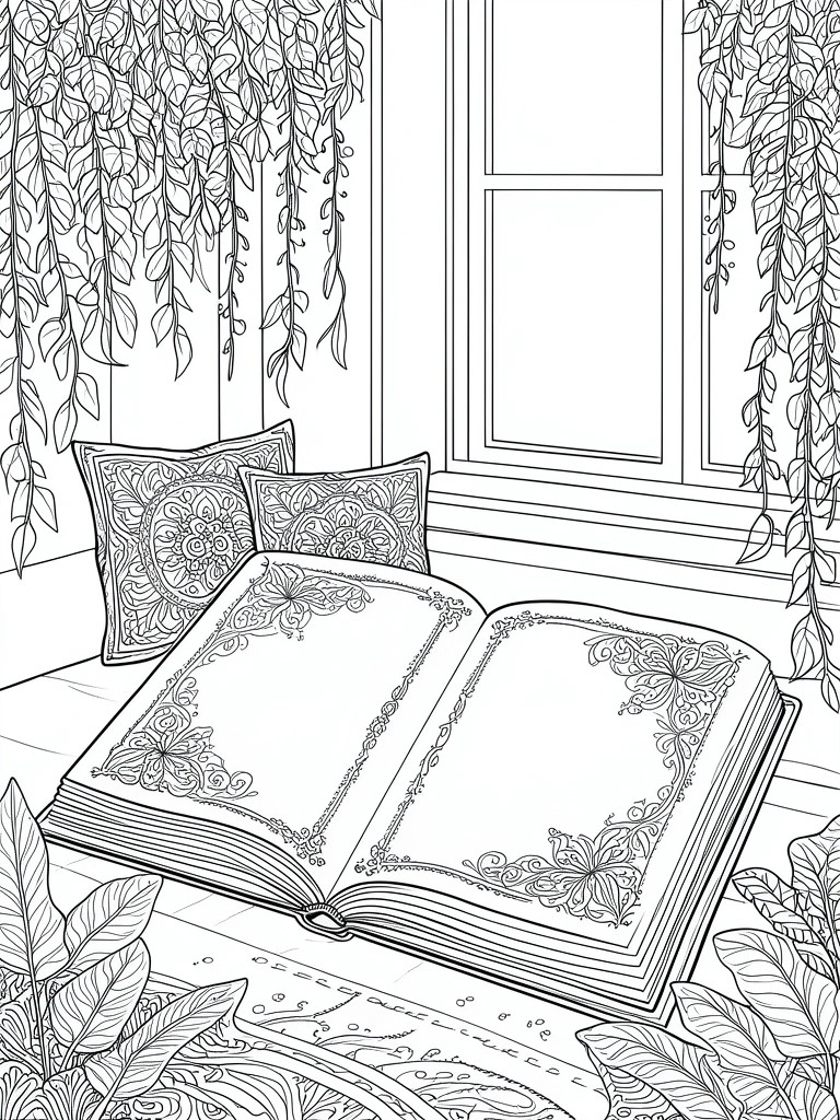 Open book with butterfly designs near ornate pillows by window with hanging plants.
