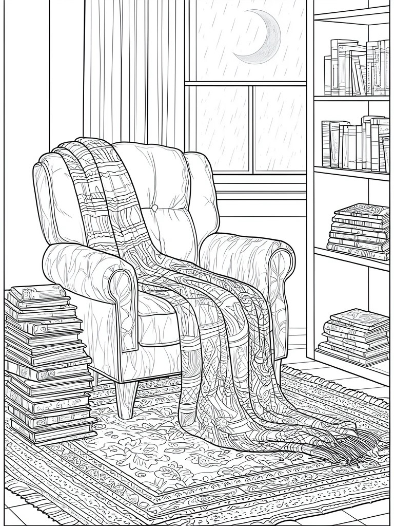 A black and white line drawing of an armchair covered by a patterned blanket, with book stacks on the floor and shelves, a floral rug, and a window showing rain and a crescent moon.