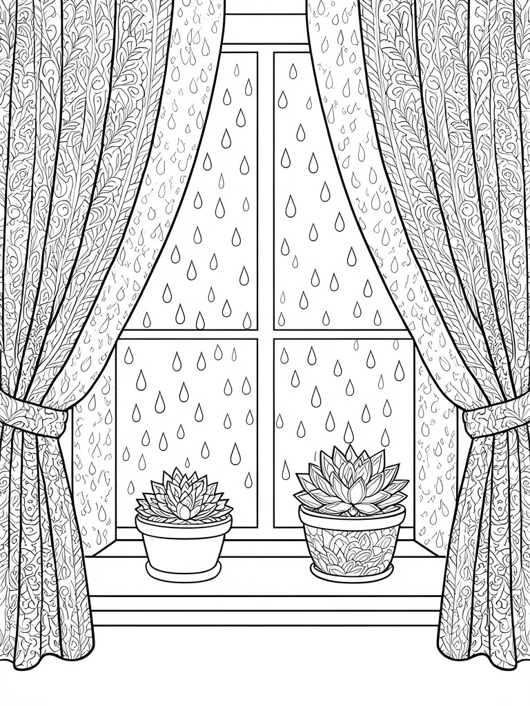Coloring page of rainy window with patterned curtains and two potted succulents on sill
